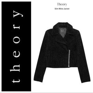 Theory Slim Moto Zip Jacket in Black Embossed Faux Fur Size 0 NWT